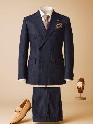 2 piece double breasted suit with a tailored fit, structured blazer, and matching trousers, styled for a sharp, elegant, and modern look suitable for formal and smart casual wear