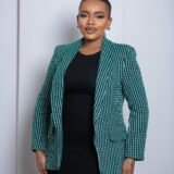 Green tweed blazer for women with tailored fit and elegant textured fabric
