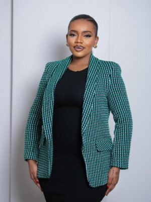 Green tweed blazer for women with tailored fit and elegant textured fabric