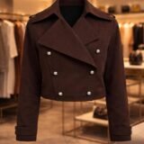 women’s cropped double-breasted jacket in black and brown with stylish short trench design