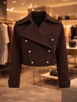 women’s cropped double-breasted jacket in black and brown with stylish short trench design