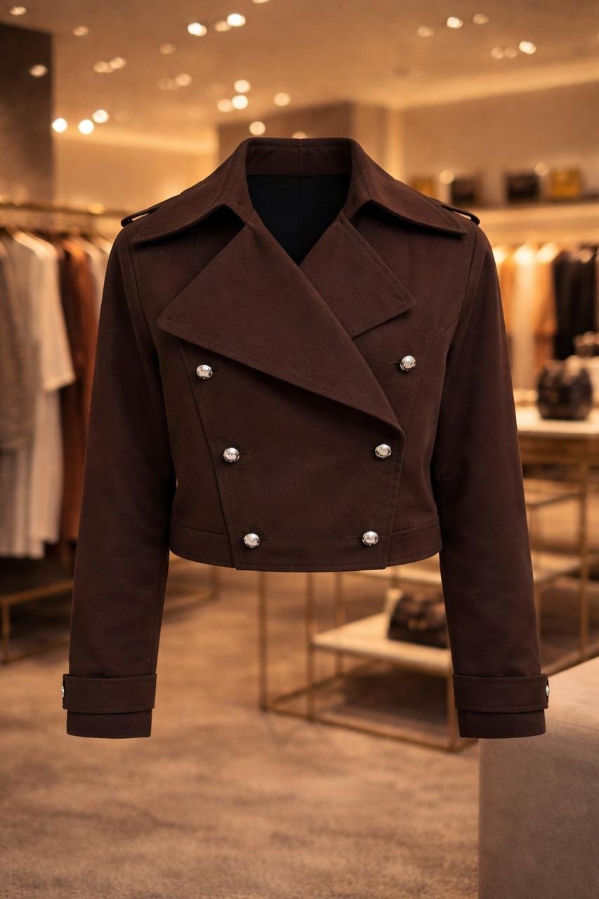 WhatsApp Image 2026-03-24 at 14.40.35 (1) women’s cropped double-breasted jacket in black and brown with stylish short trench design