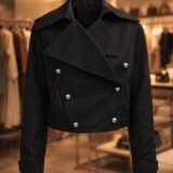 Black women’s cropped double-breasted jacket in black and brown with stylish short trench design
