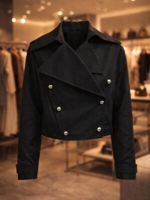 Black women’s cropped double-breasted jacket in black and brown with stylish short trench design