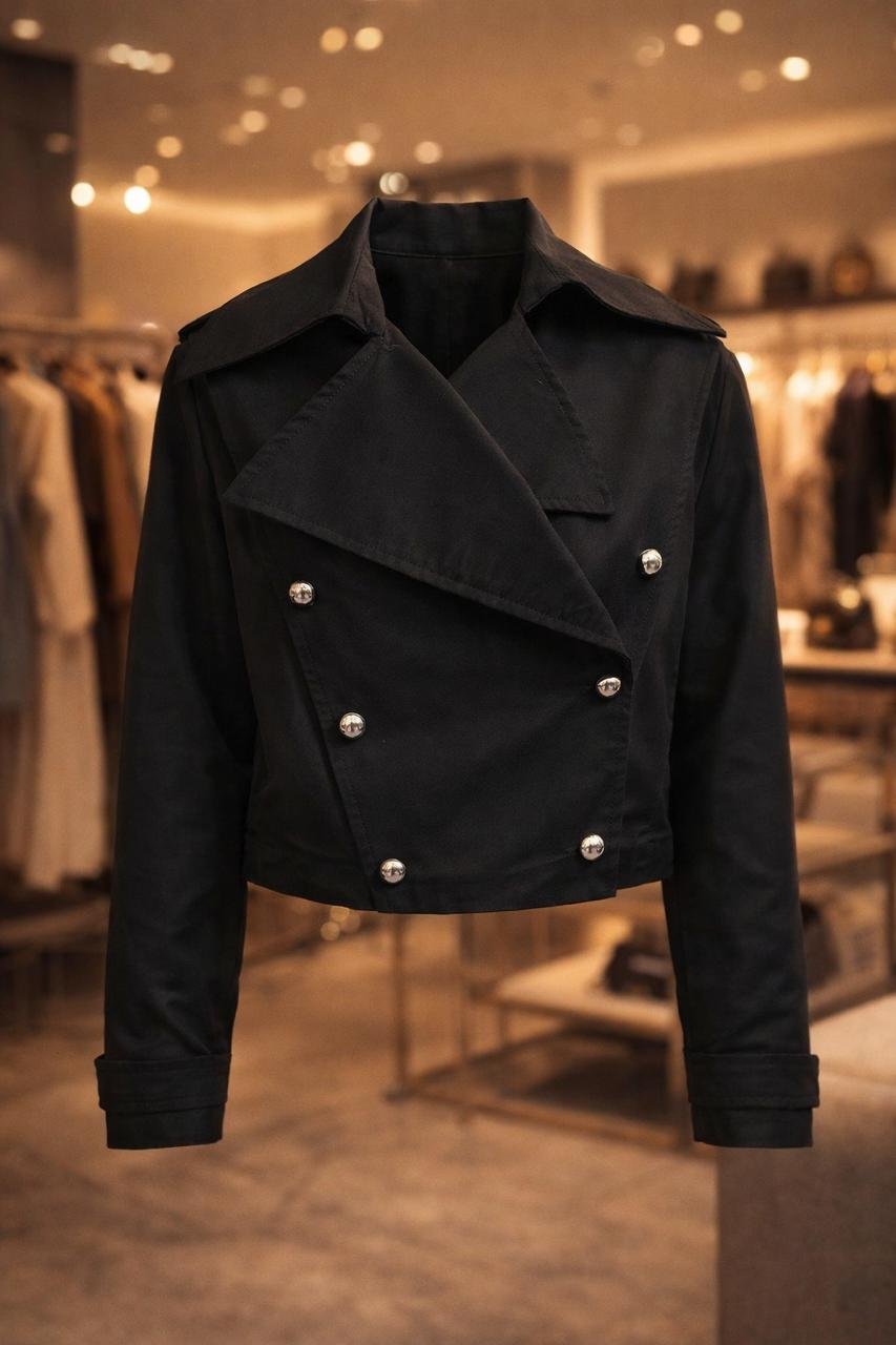 WhatsApp Image 2026-03-24 at 14.40.35 (2) Black women’s cropped double-breasted jacket in black and brown with stylish short trench design
