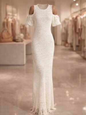 crochet maxi dress white cold shoulder white crochet long dress with fringe elegant crochet summer maxi dress
