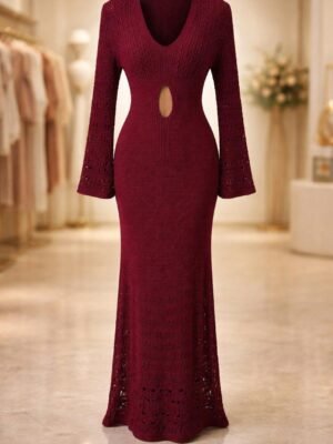 Burgundy bodycon maxi dress with V-neck and cut-out detail