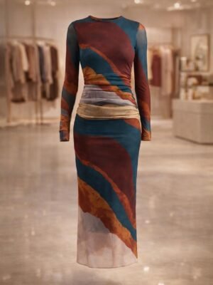 Elegant long sleeve mesh bodycon maxi dress in neutral tones for women in Kenya