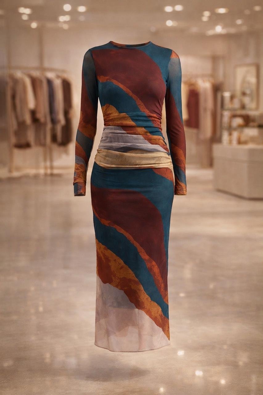 Elegant long sleeve mesh bodycon maxi dress in neutral tones for women in Kenya