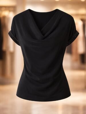 Black cowl neck blouse short sleeve elegant top