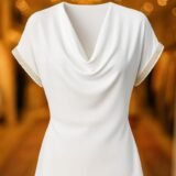 White cowl neck blouse with draped front