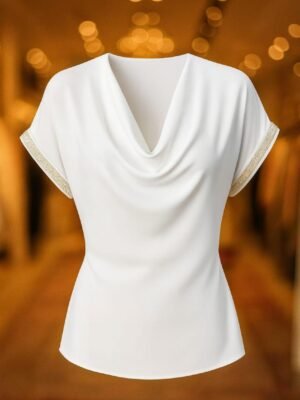 White cowl neck blouse with draped front