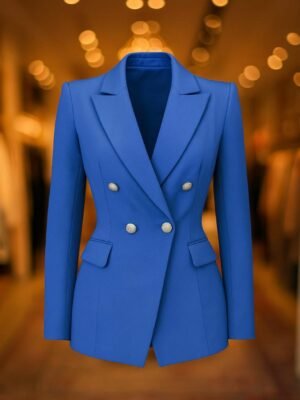 Royal blue double-breasted women’s blazer with tailored fit and gold buttons