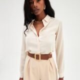 Beige women button up blouse with long sleeves elegant style