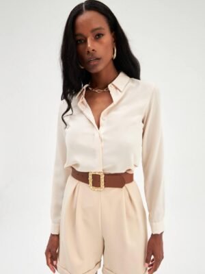 Beige women button up blouse with long sleeves elegant style