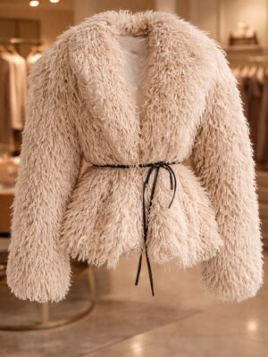women’s beige faux fur jacket with belt and fluffy texture for winter fashion