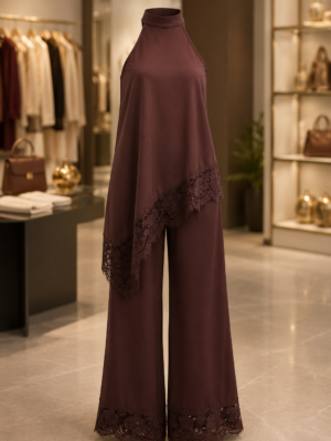 Elegant chocolate brown lace detail halter wide-leg jumpsuit for women by Paulz House