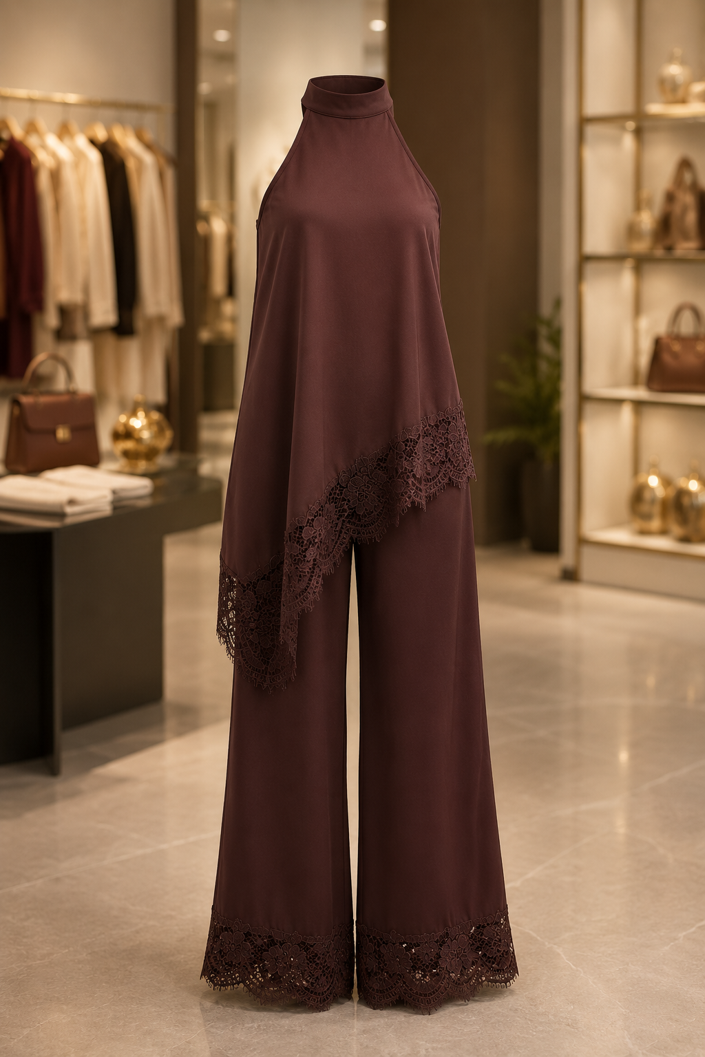 Brown Elegant chocolate brown lace detail halter wide-leg jumpsuit for women by Paulz House