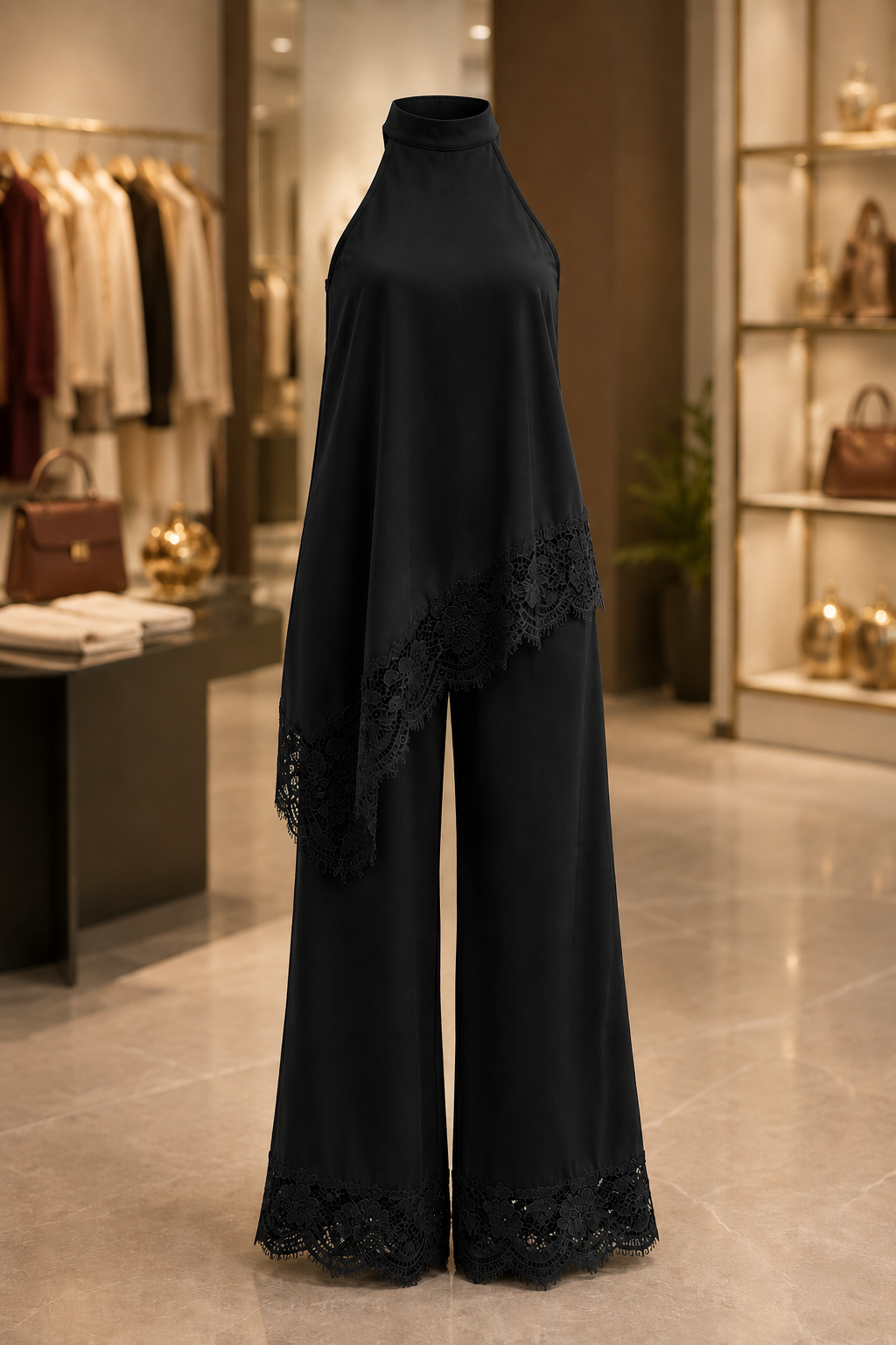 Black Set Elegant black lace detail halter wide-leg jumpsuit for women by Paulz House