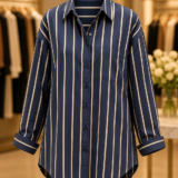 Premium navy blue striped oversized ladies button-down shirt with long sleeves