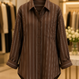 Premium brown striped oversized ladies button-down shirt with long sleeves