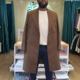 Man wearing a premium brown double-breasted wool blend trench coat by Paulz House