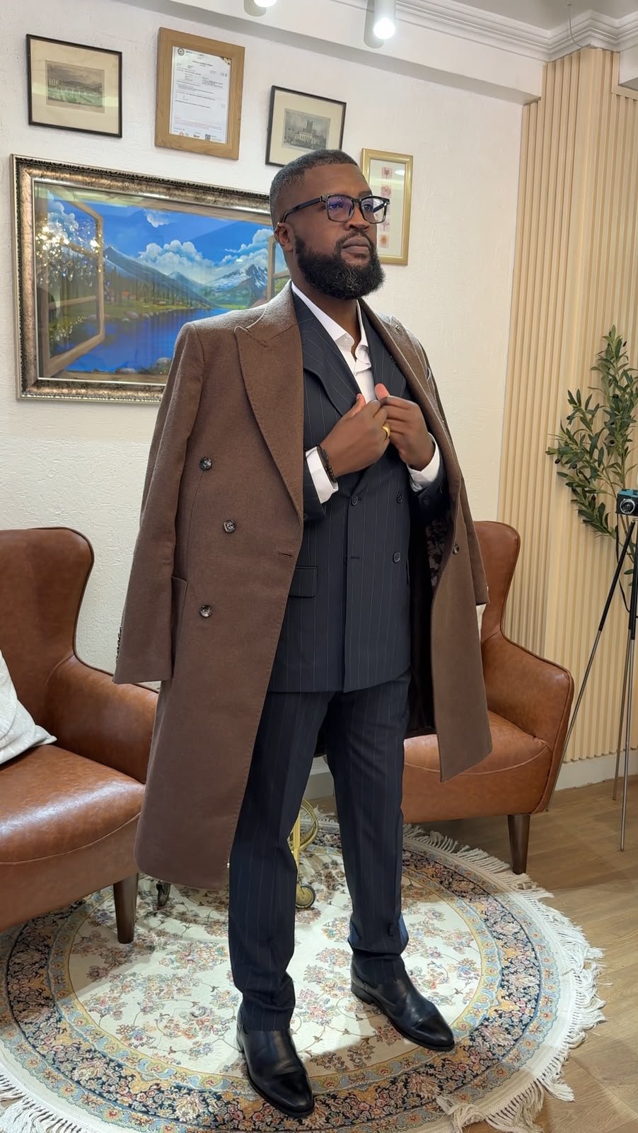 Men's Brown Double-Breasted Wool Blend Trench Coat
