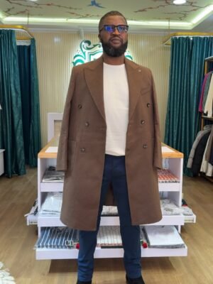 Man wearing a premium brown double-breasted wool blend trench coat by Paulz House
