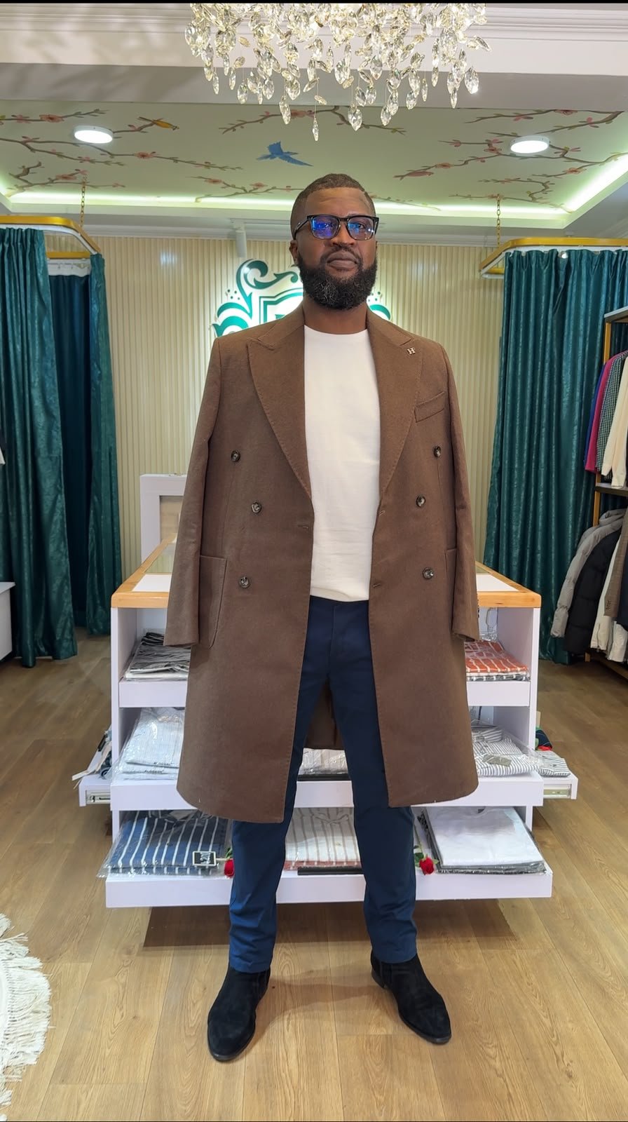 Men's Brown Double-Breasted Wool Blend Trench Coat Man wearing a premium brown double-breasted wool blend trench coat by Paulz House